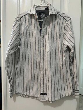 English Laundry Blaque Label Men's ButtonUp Shirt, White with Black Grey Stripes
